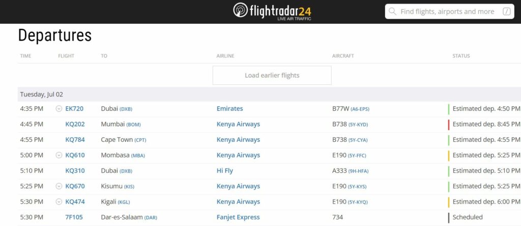 Snapshot of Departures Flight data at JKIA from flightradar24