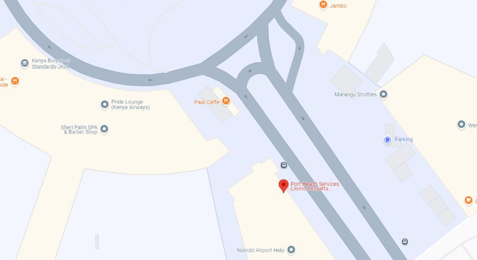 Snapshot showing location of Port Health at JKIA. See on Google Maps here or on JKIA Map here.