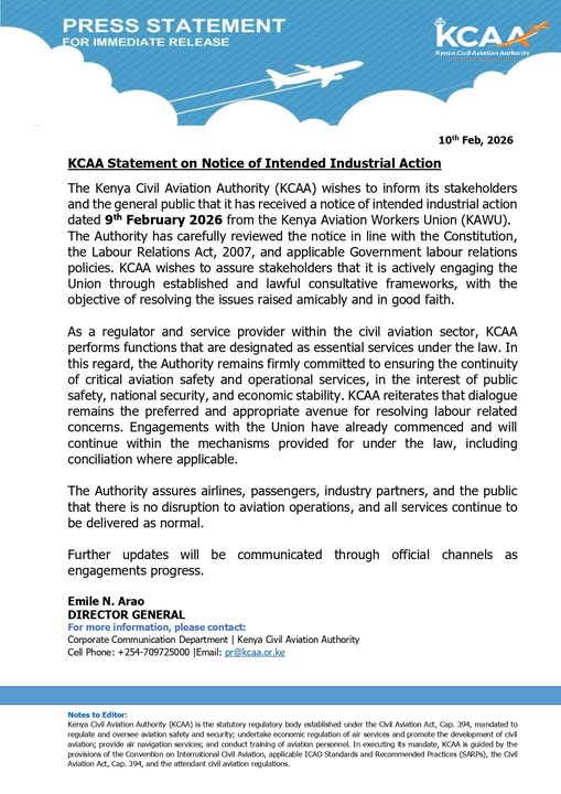 KCAA Statement Indicating Receipt of the Notice of Upcoming JKIA Strike