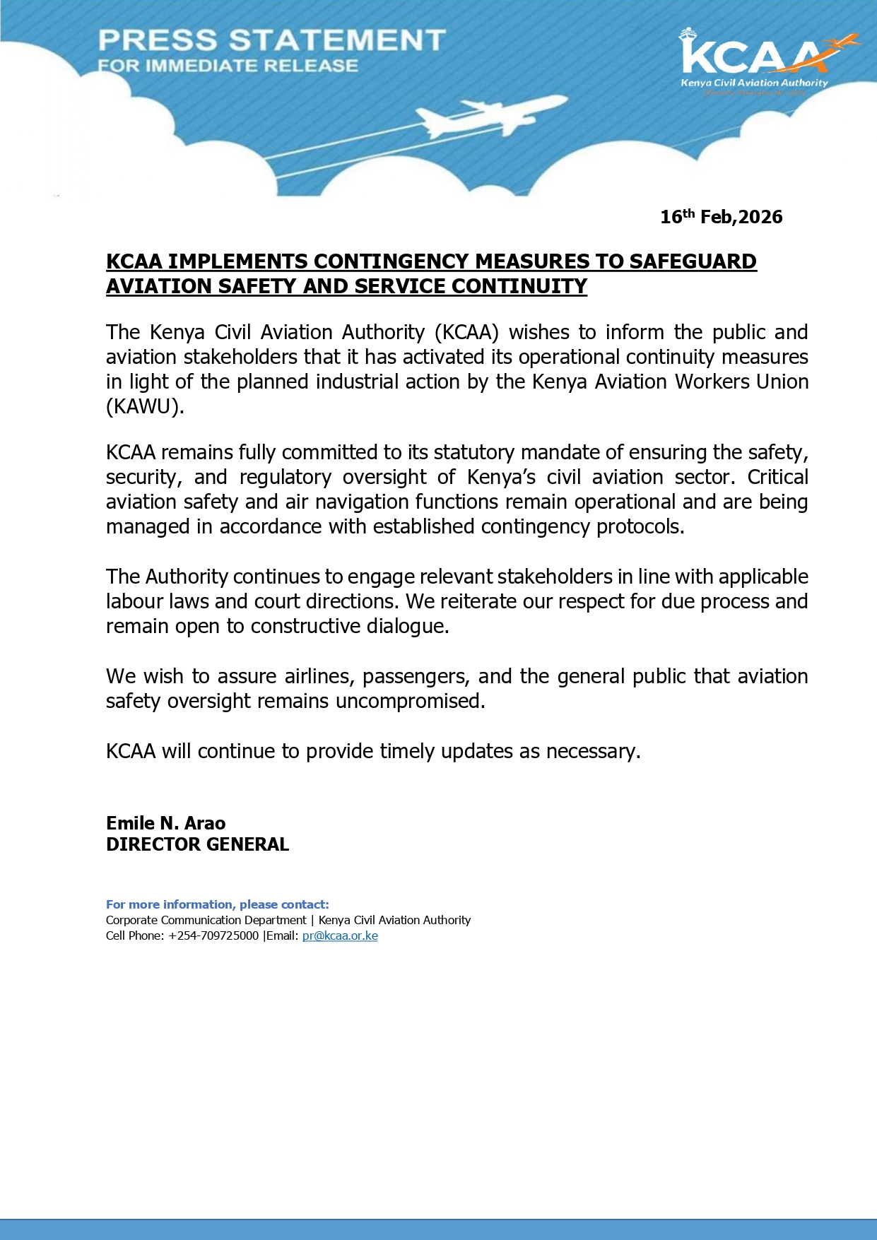 KCAA starts Implementing Contingency Measures
